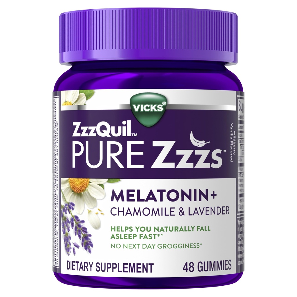 ZzzQuil Pure Zzzs Melatonin Gummies, Sleep Aid, Melatonin 2mg, med kamille & Lavendel, Melatonin Sleep Gummies, Sleep Aid for voksne, Wildberry Vanilla Flavored, 48 Sleep Gummies