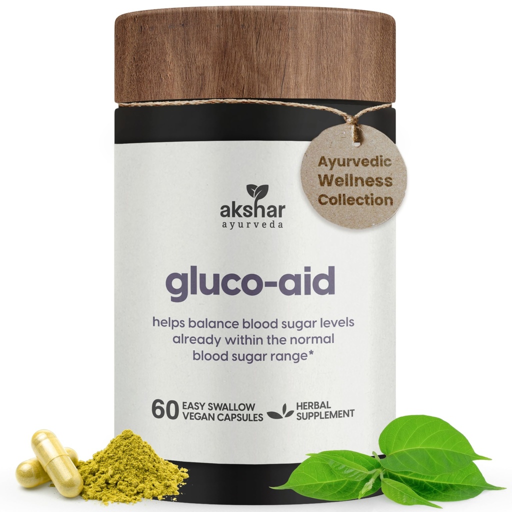 AKSHAR Ayurveda Gluco Support Supplement med Gymnema, Bitter Melon, Gurkemeje & Mere, Understøtter sunde niveauer (60 kapsler)