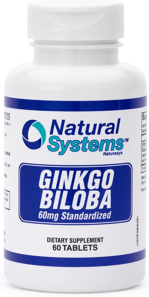 Ginkgo Biloba 60 mg by Natural Systems 60 Tablets - Gingko Biloba Powder Brain Supplement - Ginkgo Biloba Koncentrationstilskud - Memory Vitaminer til mænd og kvinder - Boost Energy Kosttilskud