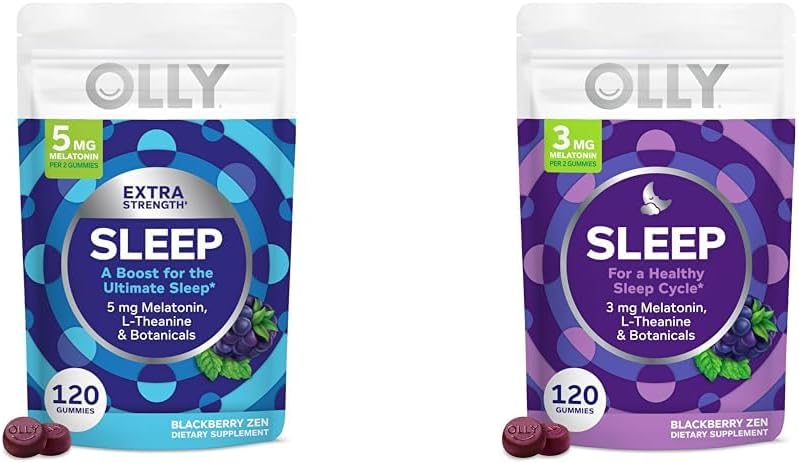 OLLY Extra Strength (5mg) & Regelmæssig Strength (3mg) Melatonin Sleep Gummies med L- Theanine, 120 Count BlackBerry Flavor