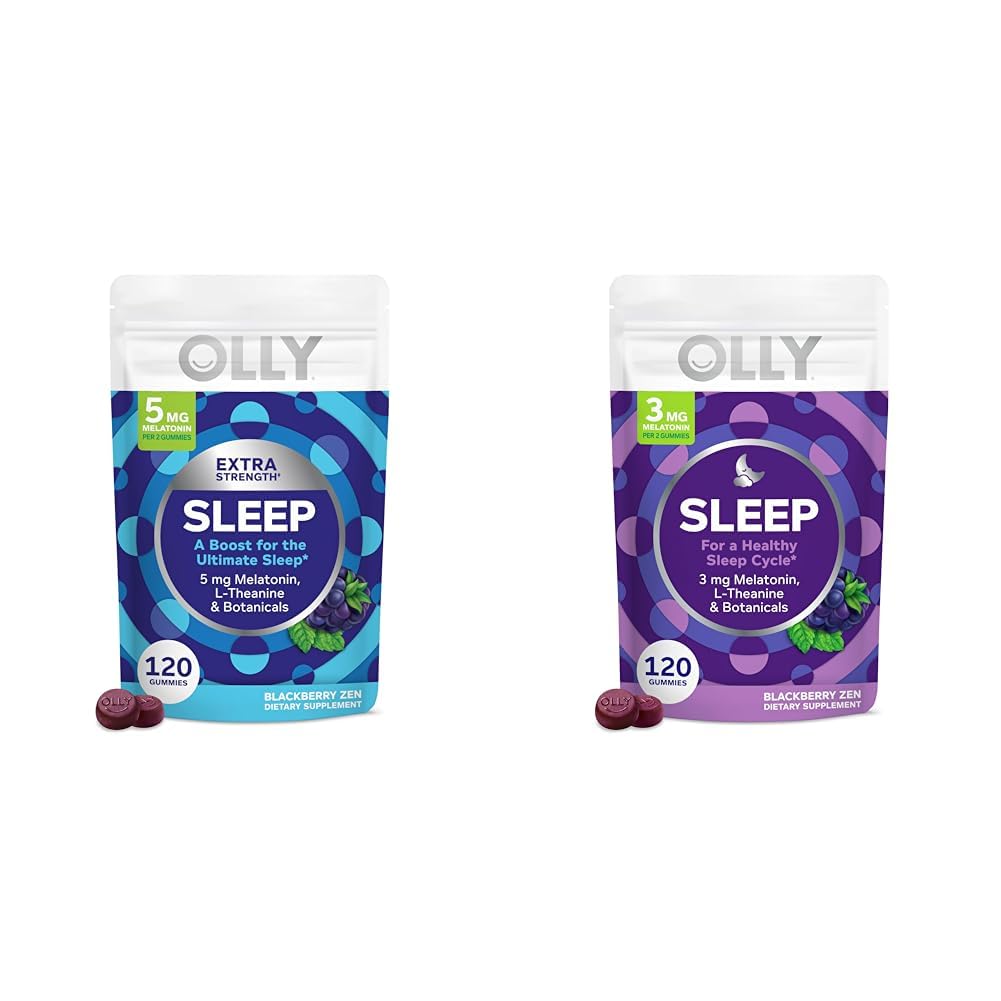 OLLY Extra Strength (5mg) & Regelmæssig Strength (3mg) Melatonin Sleep Gummies med L- Theanine, 120 Count BlackBerry Flavor