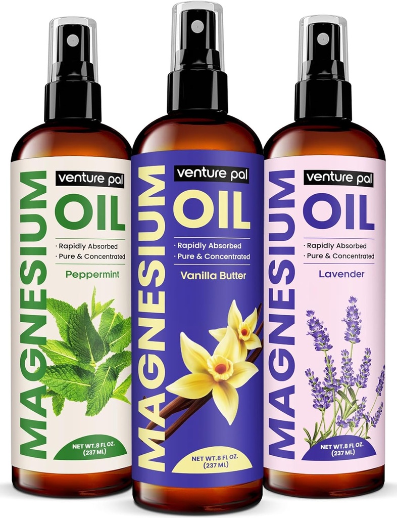 Venture Pal 100% Pure Magnesium Oil Spray med Vanilla Butter, Hurtig Absorption, Mindre Sting, Ultra- lindring til søvn & Muskel Afslapning, Syv (Big 8 oz) Mineraler