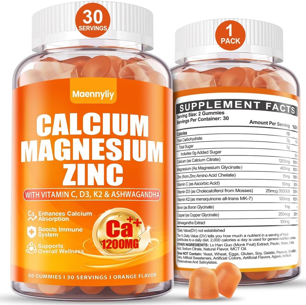 Calcium 1200 mg med vitamin D3 Gummies til voksne - Calciumcitrat med vitamin D3 K2, Magnesium, zink, bor, kobber og Ashwagandha - Ekstra Absorption Calciumsupplement til kvinder
