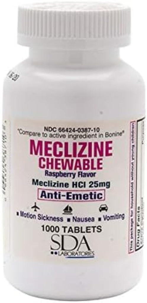 SDA LABORATORIES Meclizine tyggetabletter, 25 mg, Anti- ematisk, Raspberry Flavor, Motion Sygdom & Vertigo Relief for kvalme, svimmelhed, og opkastning, 1000 Count (1 pakke)