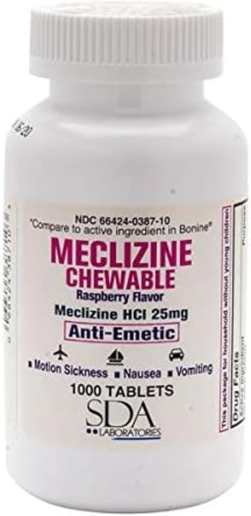 SDA LABORATORIES Meclizine tyggetabletter, 25 mg, Anti- ematisk, Raspberry Flavor, Motion Sygdom & Vertigo Relief for kvalme, svimmelhed, og opkastning, 1000 Count (1 pakke)