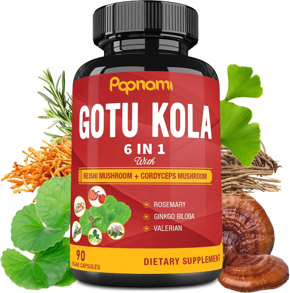 Organic Gotu Kola Uddrag Kapsler med Reishi, Cordyceps, Rosemary, Gingko Biloba & Valerian Root - 90 Tællere til 3 måneder - Understøtter hjerne, immunitet, hud og hjerte sundhed