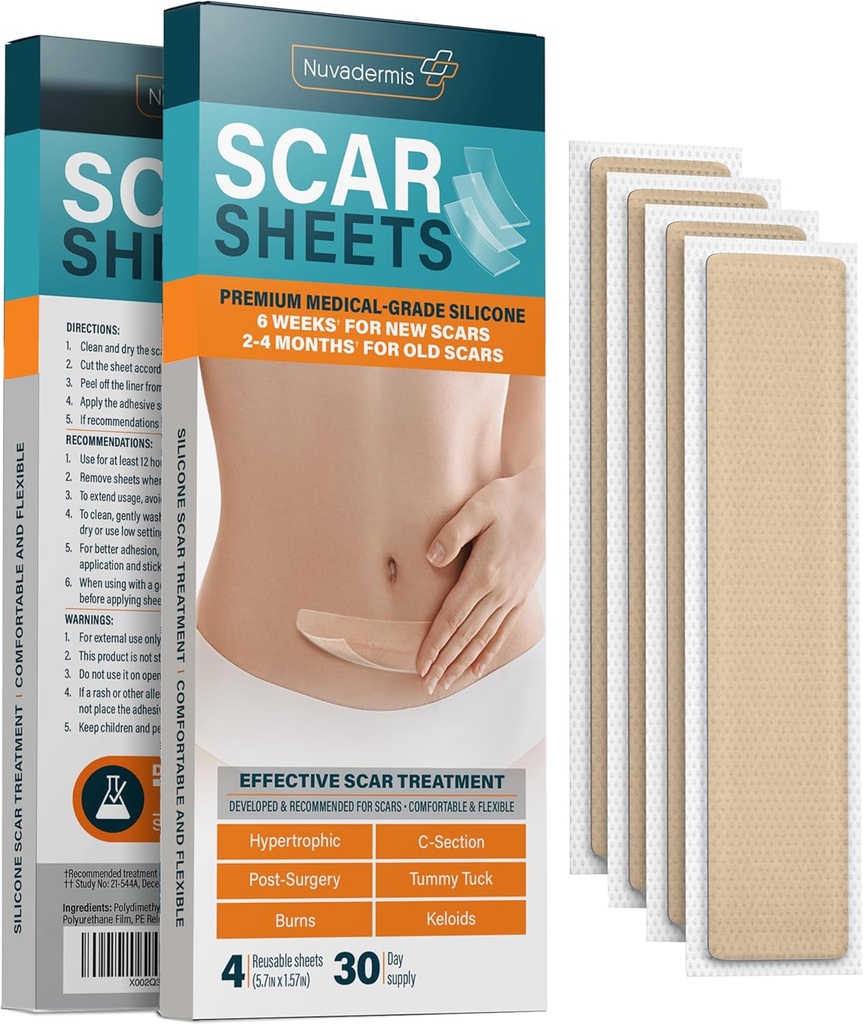 NUVADERMIS Silicone Scar Sheets - Ekstra lange Scar Sheets for C- Section, Tummy Tuck, Keloid, og Kirurgiske Scars - Genanvendelige Medical Grade Silicone Scar Sheets - Pack of 4 - Light Tone