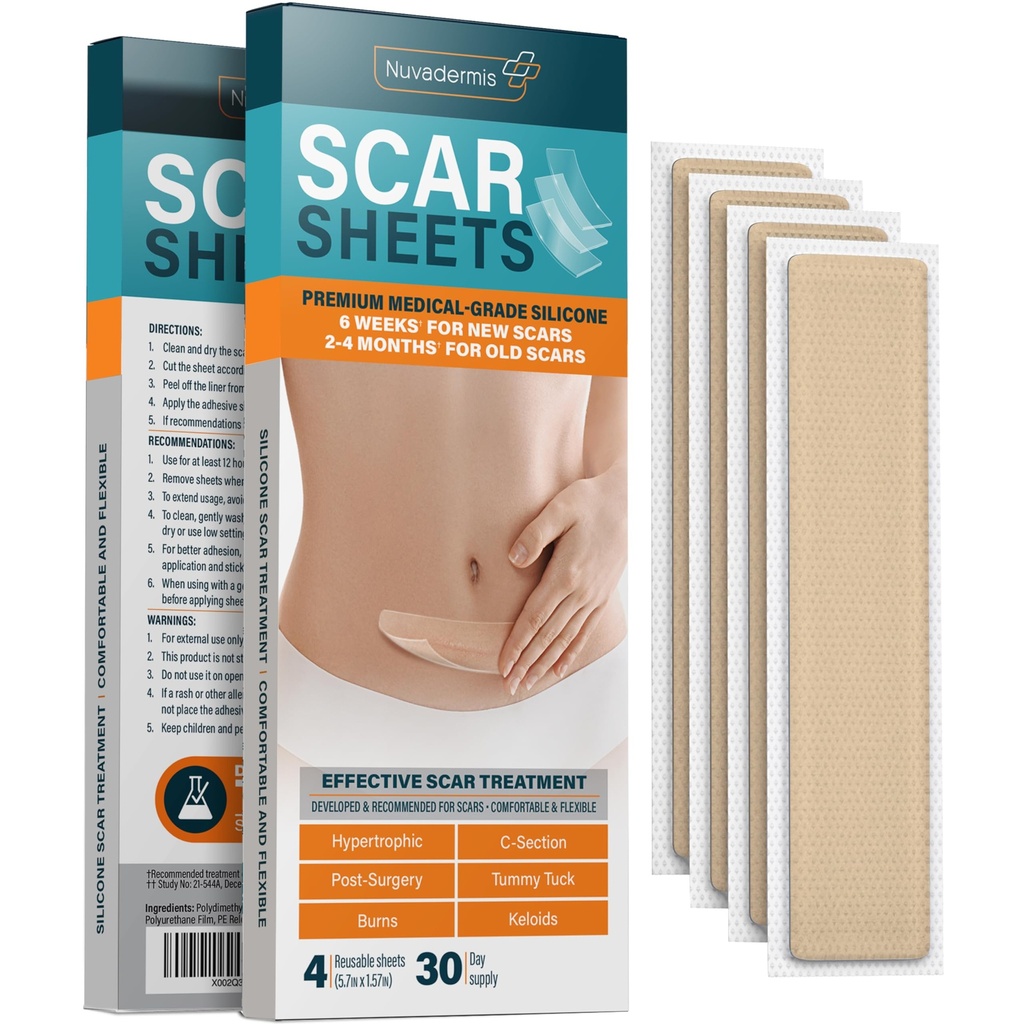 NUVADERMIS Silicone Scar Sheets - Ekstra lange Scar Sheets for C- Section, Tummy Tuck, Keloid, og Kirurgiske Scars - Genanvendelige Medical Grade Silicone Scar Sheets - Pack of 4 - Light Tone