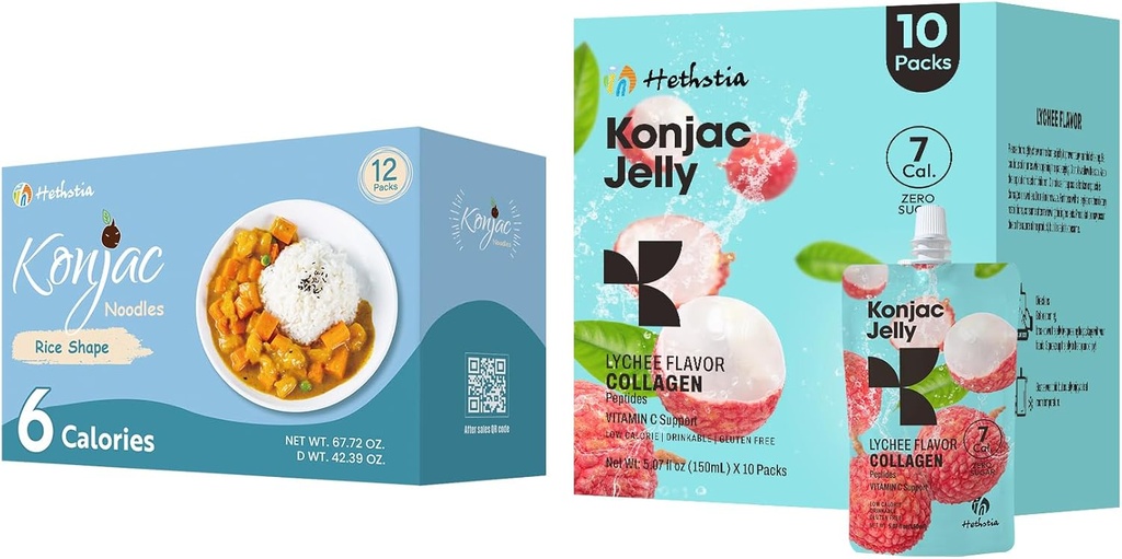 Hethstia Konjac Jelly Lychee Flavor med Collagen Peptider 10 pakker og Konjac Rice Gluten Free 12 pakker lav kalorie, Keto, sukker fri, sund mad