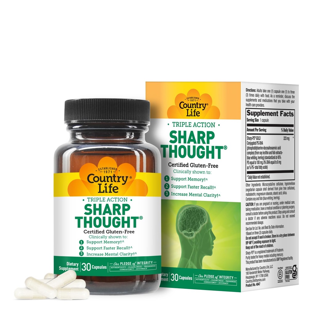 Country Life Sharp Thought - Memory & Cognitive Support Supplement - Sharp-PS Gold Phosphatidylserin + DHA - fremmer mental Klarhed & hurtigere recall - Gluten- Free, 30 kapsler