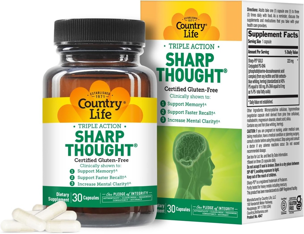 Country Life Sharp Thought - Memory & Cognitive Support Supplement - Sharp-PS Gold Phosphatidylserin + DHA - fremmer mental Klarhed & hurtigere recall - Gluten- Free, 30 kapsler