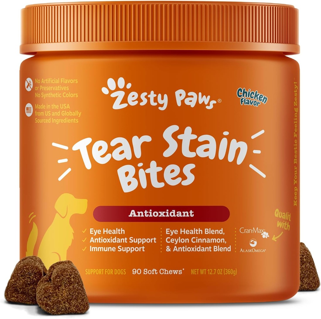 Zeress Paws Tear Stain Support Soft Chews for Dogs - for Eye Fugt + Vision & Immunsupport - Funktionelle Kosttilskud med Fish Oil, Lutein, Tranebær & C-vitamin - Chicken Flavor - 90 ct