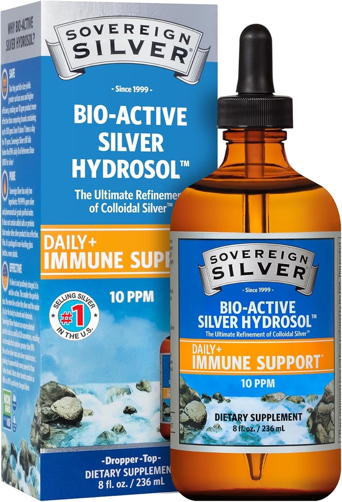Sovereign Sølv Immunforsvar Support - Kolloid Sølv, Bio- Active Silver Hydrosol, 10 ppm, Flydende Dropper, 8 Fl Oz, (236 mL)