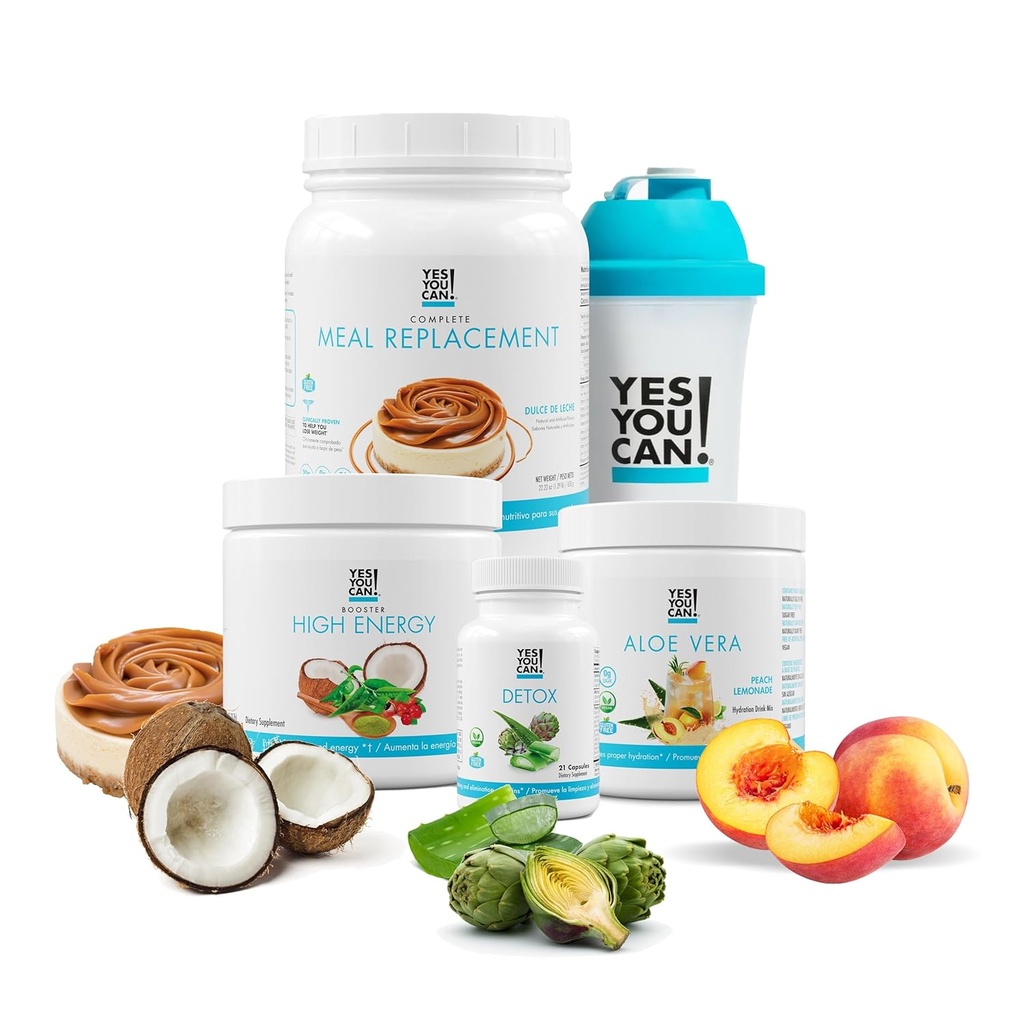 Ja Du kan! Detox Plus Kit, Daglig Rengøring Pure Fiber Meal Erstatning Drink Mix, Ryst Booster & Supplement, Krop Rengøring Kit til mænd og kvinder, Daglig System Rengøring - Dulce de Leche, Peach Lemonade