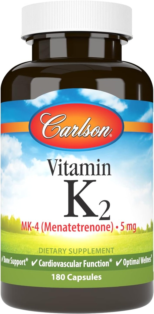 Carlson - Vitamin K2 MK-4 (Menatetrenon), 5 mg, Vitamin K supplement, Knoglestøtte, K2 Vitamin, Soy- Free, Vitamin K-2, 180 Kapsler
