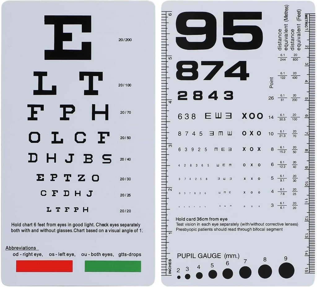NOYOC 2 Pack Pocket Eye Chart, 2 i 1 Snellen & Rosenbaum Chart, 6.5x3.5 Tommer, håndholdte dobbelt sidet plast lav Vision Card for Eye Exams (2 Pack 6 Feet)