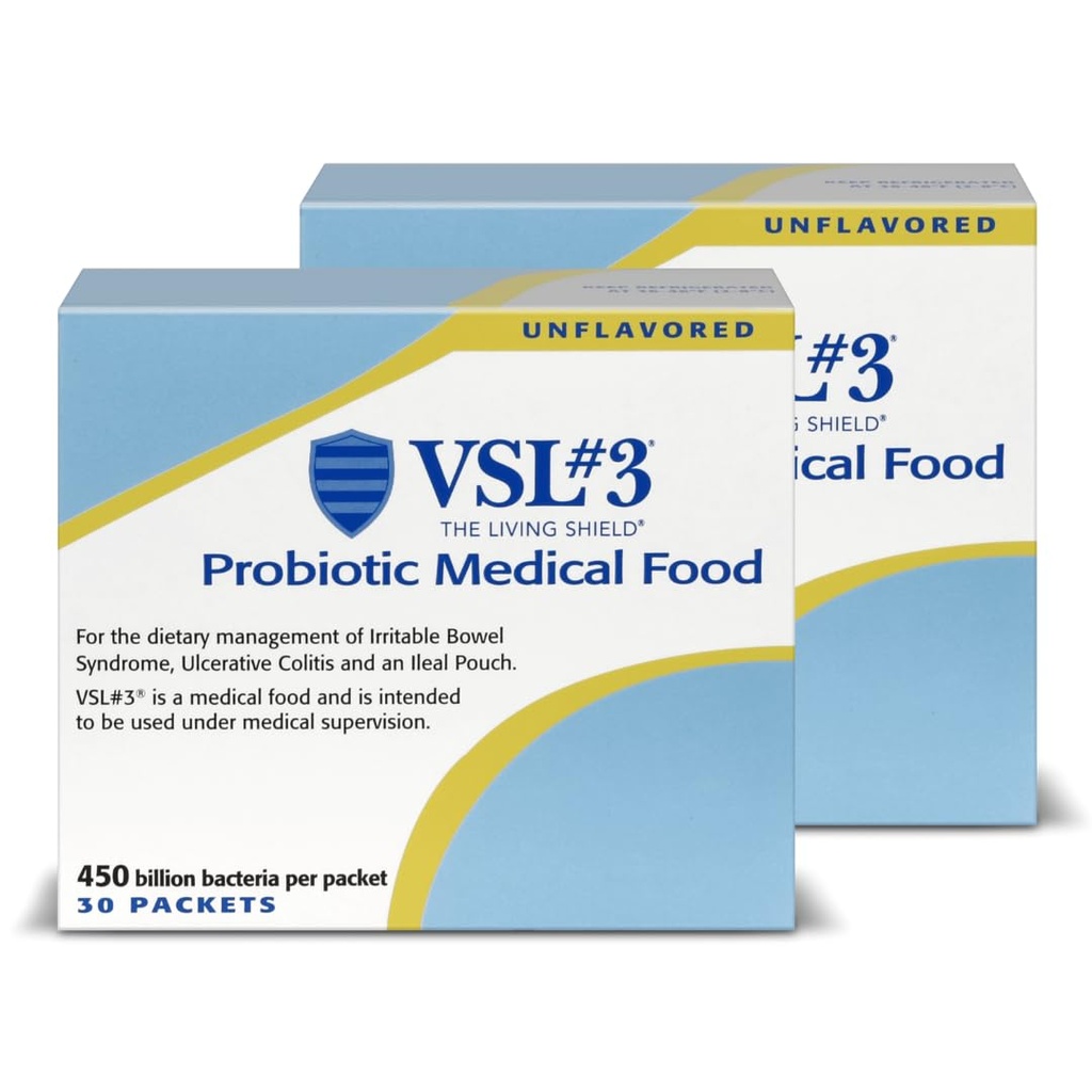 VSL # 3 ® Probiotisk pulver til fordøjelse, IBS & UC Symptomer - 450B CFU 'er, High- Potency, Multi- Strain, Live, Kølemiddel, Medicinsk mad til Gut Health Support hos mænd & kvinder, 60 Pack