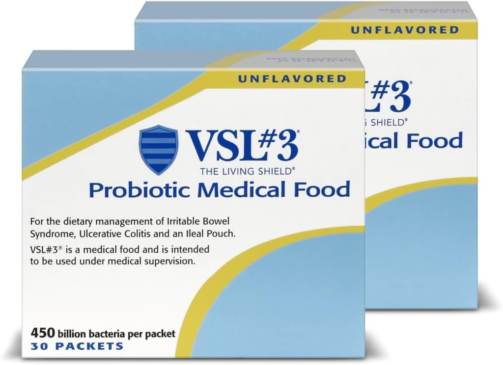 VSL # 3 ® Probiotisk pulver til fordøjelse, IBS & UC Symptomer - 450B CFU 'er, High- Potency, Multi- Strain, Live, Kølemiddel, Medicinsk mad til Gut Health Support hos mænd & kvinder, 60 Pack