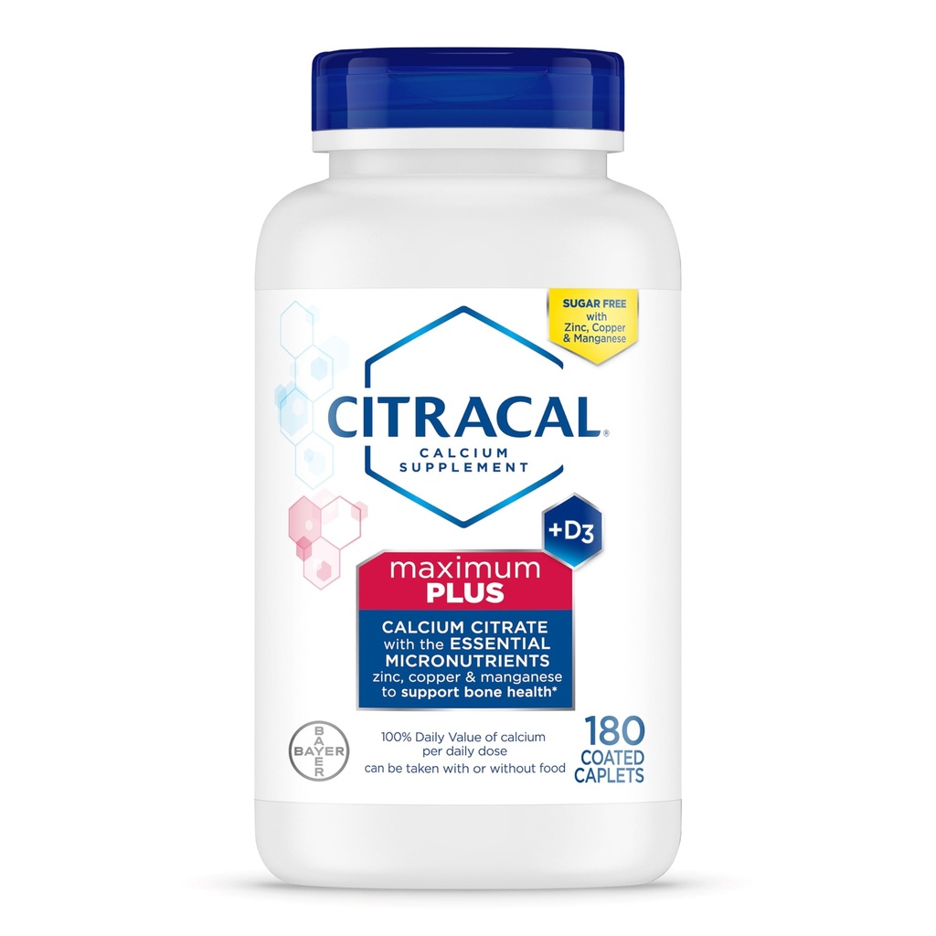 Citracal Maximum Plus Calcium Supplement - Calciumcitrat med D3- vitamin, zink, og essentielle mineraler til bensygestøtte, alder 12 +, 180 Tæl (Packaging May Vary)