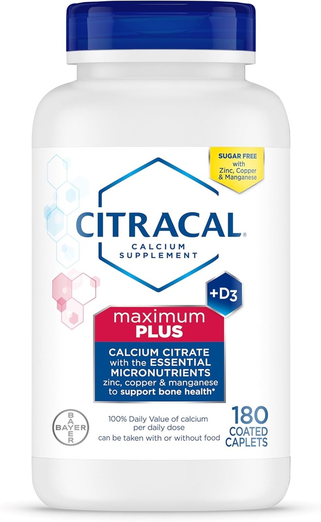 Citracal Maximum Plus, 650 mg Calcium Citrat, let absorberet og let opløseligt med 25 mcg (1000 IE) D3- vitamin, ben- helbredssupport, kalciumtilskud for alderen 12 +, 180 Tæl (Emballage May Vary)