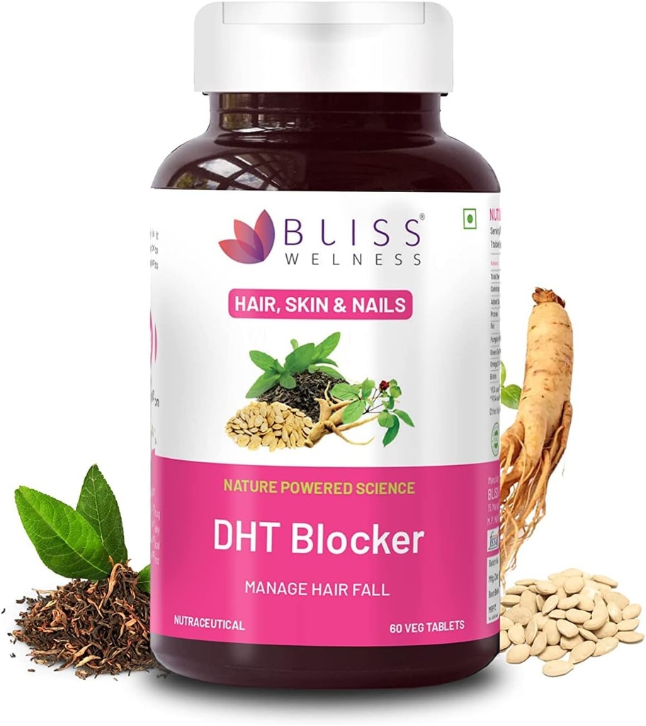 Sheltr DHT Blocker med Biotin, Pumpkin Seed, Green Tea Extract, Omega 3, Ginseng Extract, C-vitamin, E, B6, Hjælper reducere hårfald, Stimulerer hårvækst supplement til mænd og kvinder - 60 tabletter