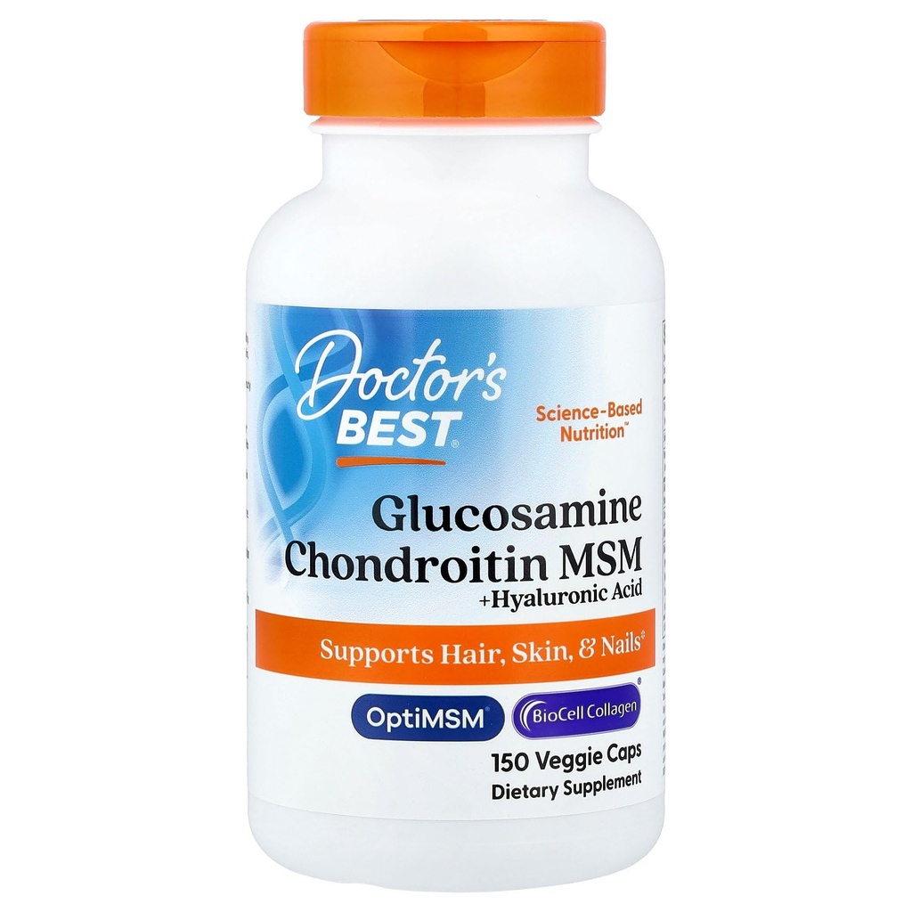 Doctor 's Best Glucosamin Chondroitin MSM + Hyaluronsyre med OptiMSM Feeding Biocell Collagen, Joint Support, Non- GMO, Gluten & Soy Free, 150 Caps