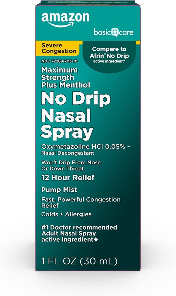 Basic Care No Drip Svær 12 timers nasal dekongestant pumpe Mist, Steroid Free, Maksimal styrke Plus menthol 1 fl oz (pakke med 1)