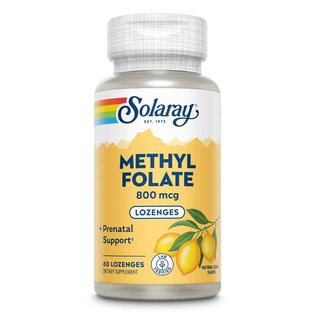 SOLARAY Methyl Folate 800 mcg - 470 mcg Folinsyre - 5-MTHF Prenatale Vitamin - Naturlige Lemon Flavor - Naturlige sødestoffer - Lab Verified - 60-dag garanti - 60 Servering, 60 Lozenges