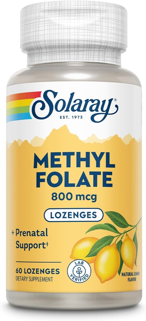 SOLARAY Methyl Folate 800 mcg - 470 mcg Folinsyre - 5-MTHF Prenatale Vitamin - Naturlige Lemon Flavor - Naturlige sødestoffer - Lab Verified - 60-dag garanti - 60 Servering, 60 Lozenges