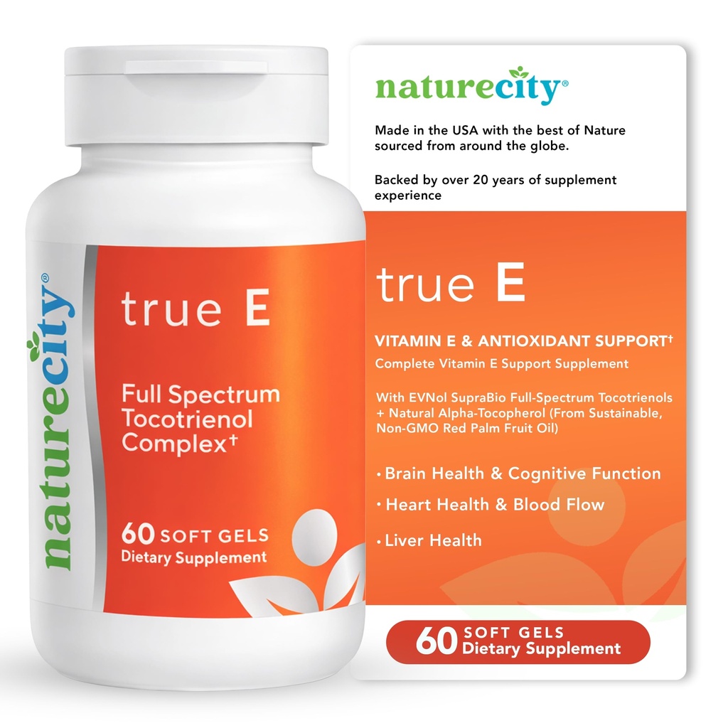 NatureCity True- E Full Spectrum Tocotrienols Vitamin E & Natural Alpha Tocopherol Supplement124; Sustainable Vitamin E Tocotrienols from Evnol Suprabio