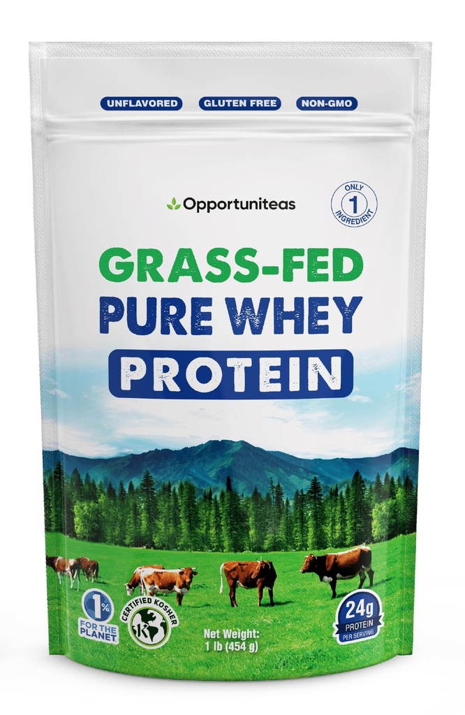 Opportuniteas Grass Fed Whey Protein Powder Concentrate - 1 Ingredient - Pure Protein Supplement for Drikke, Smoothie, Ryst, Madlavning & Bagning - Ikke GMO, Hormonfri & Gluten Free - 1 Pund