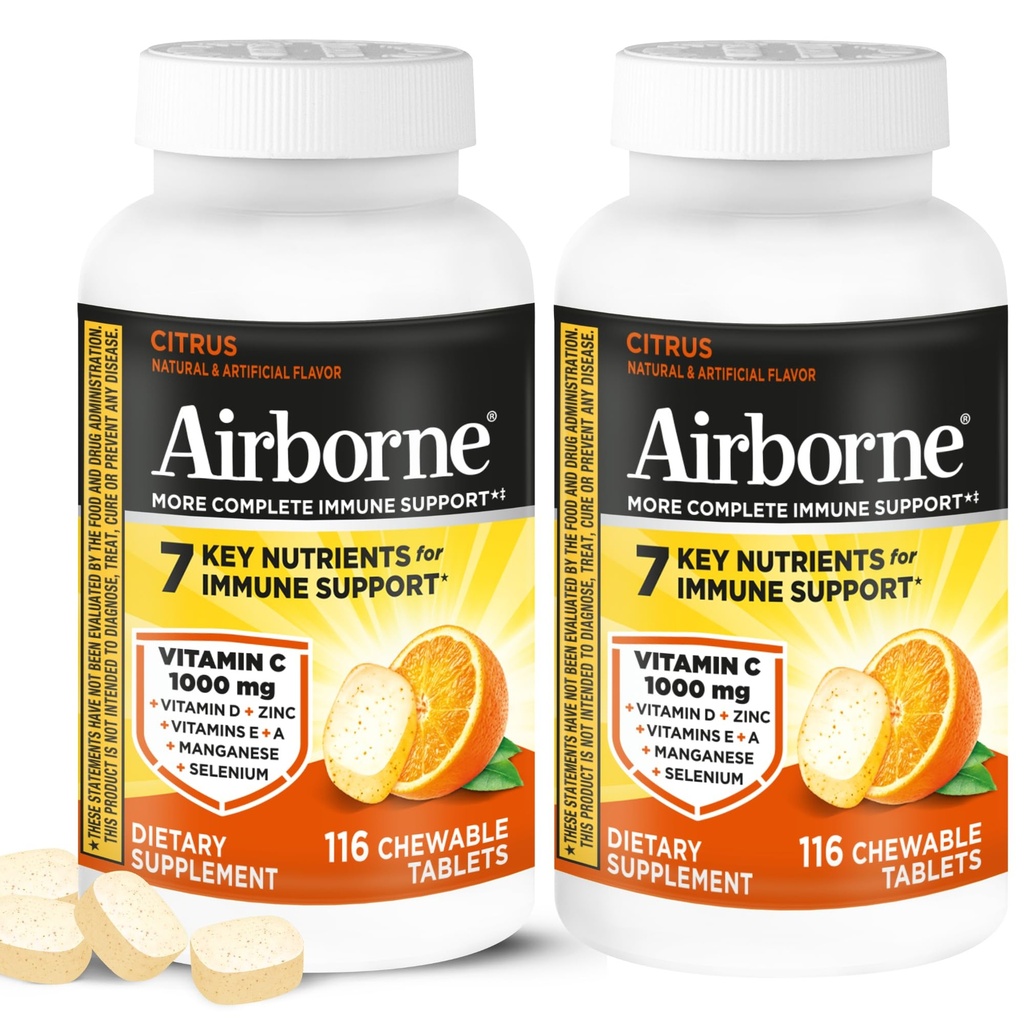 Airborne 1000mg C-vitamin + Zink immunforsvar Support tyggetabletter, Citrus flavor med kraftige antioxidanter Vitamin A C & E, 116 tyggetabletter (2 Pack)