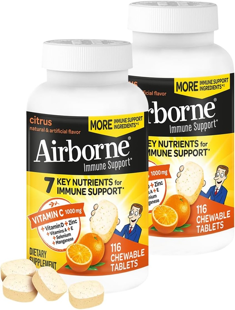 Airborne 1000mg C-vitamin + Zink immunforsvar Support tyggetabletter, Citrus flavor med kraftige antioxidanter Vitamin A C & E, 116 tyggetabletter (2 Pack)