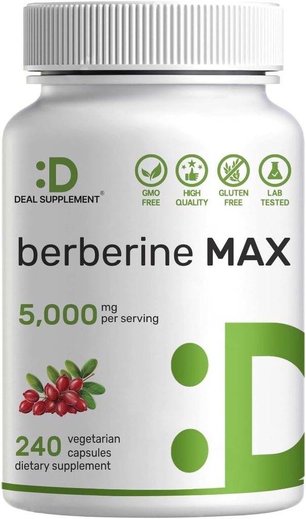 DEAL SUPPLEMENT Berberine Max tillæg med gurkemeje, 5,000mg per servering, 240 Veggie Kapsler - 97% Pure Berberine HCl - 20: 1 Gurkemeje Root Extract - Vegetarisk Friendly, Non- GMO