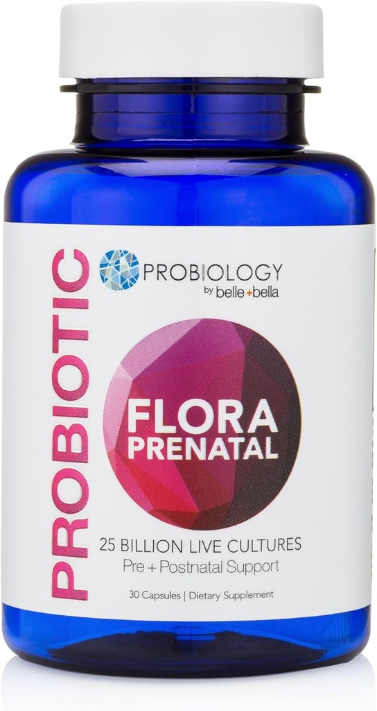 Belle + bella Probiology Flora Prenatal Capsules - Dual Action Probiotic & Prebiotic Supplement med folinsyre til prænatale og postnatale kvinder - ikke-GMO, Vegan & Gluten Free - 30 Caps