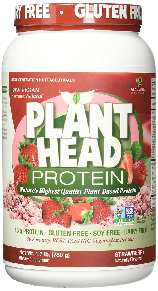 Genceutic Naturals Plant Head Protein Naturally Flavored Best Tasting Strawberry Raw Vegan Vegetarian Protein Dietary Supplement Gluten Soy Dairy GMO Free – 30 Servings (1.8 Pounds)