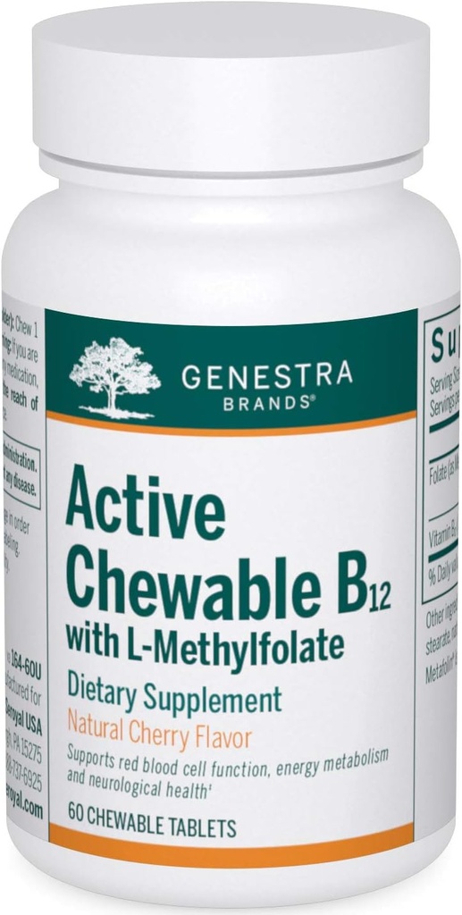 Genestra Brands Active Chewable B12 med L- Methylfolfolat- 124; Chewable Vitamin B12 og Folate Supplement B124; 60 Chewable Tablets