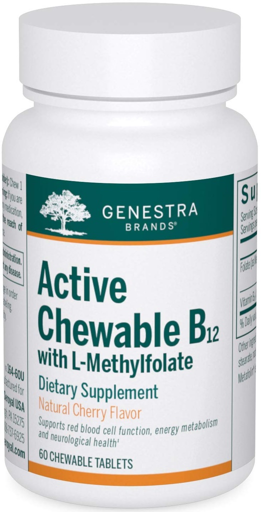 Genestra Brands Active Chewable B12 med L- Methylfolfolat- 124; Chewable Vitamin B12 og Folate Supplement B124; 60 Chewable Tablets