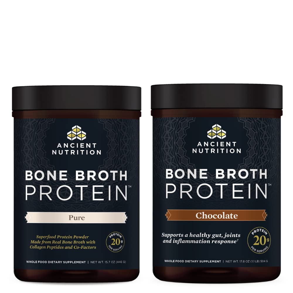 Ancient Nutrition Bone Broth Protein Powder, Pure, 20 Servere + Bone Broth Protein Powder, Chokolade, 20 Servere
