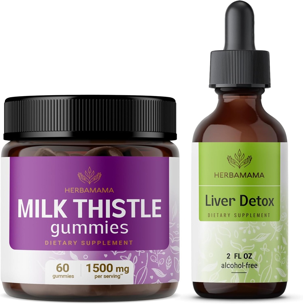 HERBAMAMA Milk Thistle and Liver Support Complex Kit - Bundle of Milk Thistle Gummies & Liver Detox Liquid Complex 4 fl oz - Vegan, Non- GMO, Alkohol- Free - 2 Pack