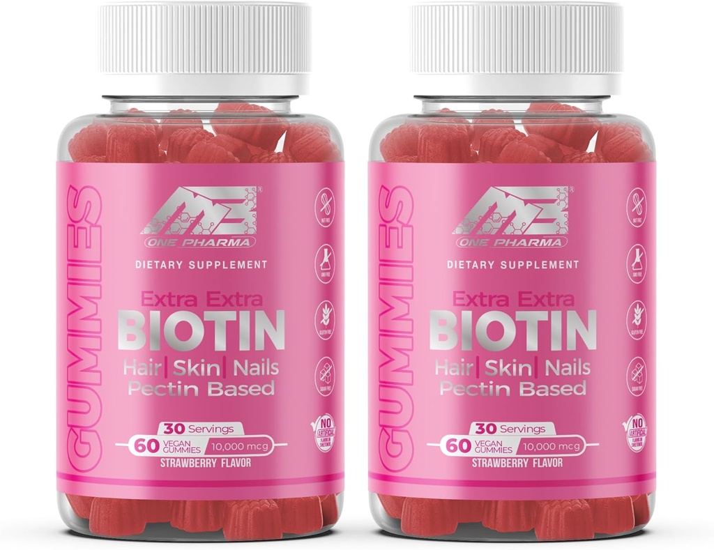 MB One Biotin Gummies-High Potency-Healthy Hair, Skin and Nails Strengthening, Vitamin B7, (10000 Mcg) Non-GMO, Pectin Plant Based, for Kids and Adult, Strawberry Natural Flavor 2 Pack