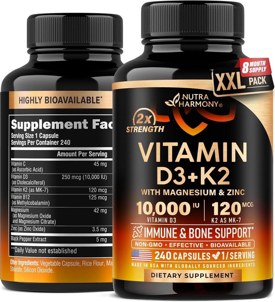 Vitamin D3 K2 - Vitamin D3 10000 iu & K2 som MK- 7 120 mcg - Immun & Mood Support, for ben & tænder sundhed - med Magnesium, Zink & Vitamin C & B12 - Meget biotilgængelig - Lavet i USA, 240 kapsler