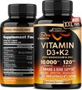 Vitamin D3 K2 - Vitamin D3 10000 iu & K2 som MK- 7 120 mcg - Immun & Mood Support, for ben & tænder sundhed - med Magnesium, Zink & Vitamin C & B12 - Meget biotilgængelig - Lavet i USA, 240 kapsler