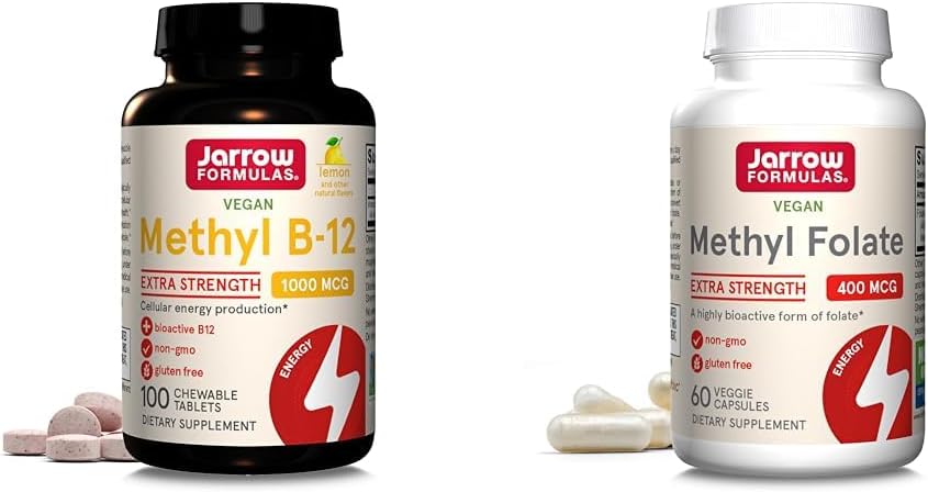 Jarrow Methyl B- 12 1000mcg 100 Chewables & Methyl Folate 400mcg 60 Veggie Kapsler Bundle for cellulær energi, hjerne, cardiovaskulær & neurologisk sundhed støtte