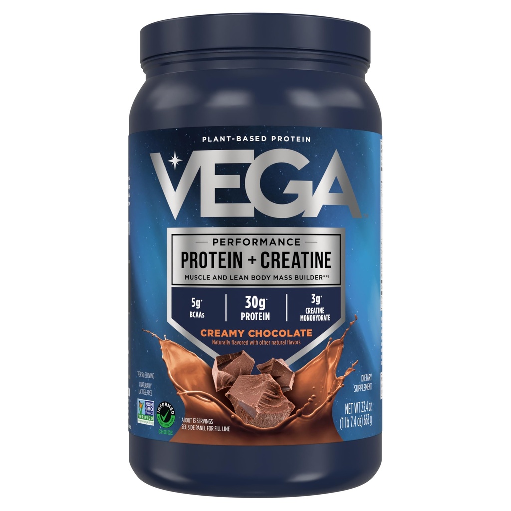 Vega Protein + Creatine - 30g Plant-Based Protein, Chocolate, 13 Servings, 3g Creatine, 5g BCAAs, Vegan, Keto, Gluten Free, Dairy Free, Low Carb, for Muscle Growth & Repair, Drink Mix, 23.4oz