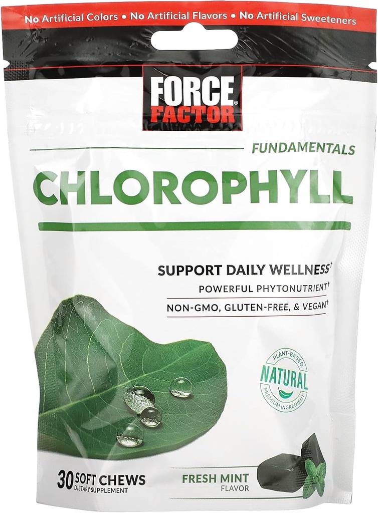 FORCE FACTOR Chlorophyll Soft Chews Antioxidants Supplement til Reducere Body Odor, Fremme Frisk ånde, Non- GMO, Gluten- fri, og Vegan, Friske Mint Flavor, 30 Soft Chews, Green