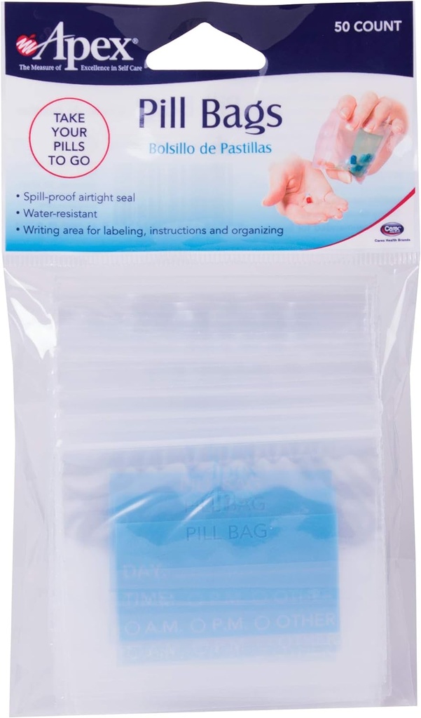 Apex Pill poser Disponible Pill, Vitamin, og Medicin Organizer Pouches, lynlås Seal Tasker med Spill- Bevis lufttæt Seal, Pocket Sized og rejse venligt, Let at bruge, 50 Greve, BPA Free