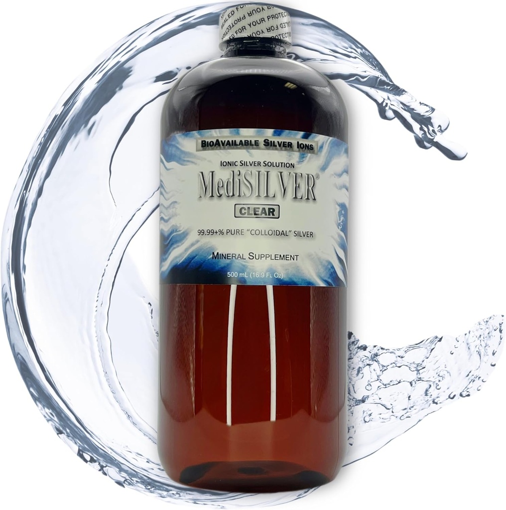 MediSILVER Clear True Free Ionic Kolloid Sølv Kosttilskud - 500 ml (16.9 Fl Oz) i Amber BPA- Free Plastic Flaske