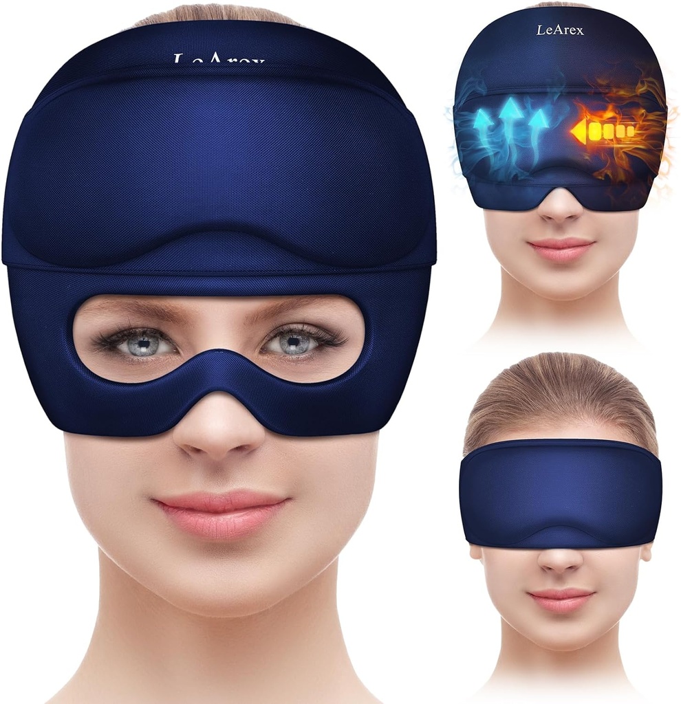 Migraine Relief Cap with Gel Eye Mask, Headache Relief Cap Ice Head Wrap Hot and Cold Therapy Hat, Migraine Cap Gel Cap for Headache Puffy Eyes Sinus and Tension Stress Relief (Blue)