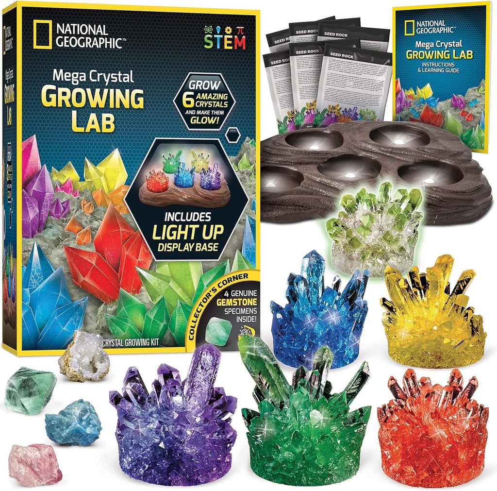 National Geographic Mega Crystal Growing Kit - Grow 6 krystaller med Light- Up Stand, Science Gaver for Kids 8- 12